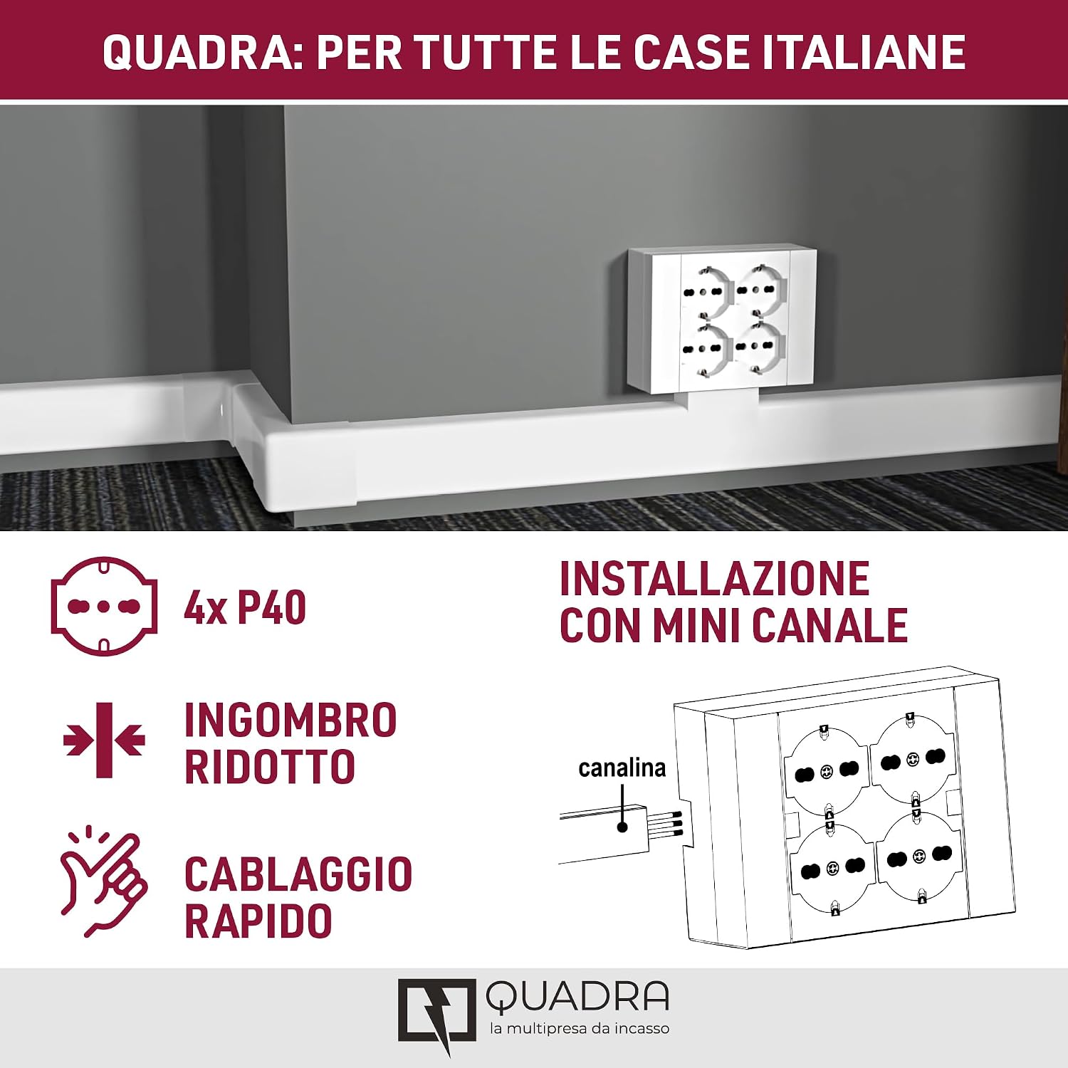 Detalle 2 de Electraline 22016 Multipresa da parete Quadra 4 Posti Universali con scatola di supporto