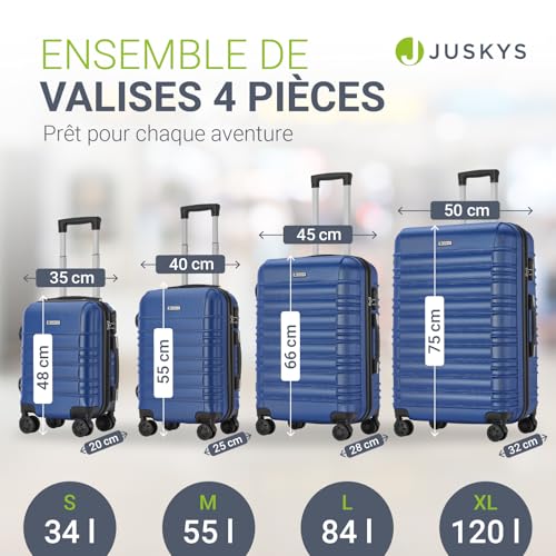 Detalle 2 de Juskys Ensemble de valises rigides 4 pièces – Bleu, serrure à combinaison et roulettes silencieuses
