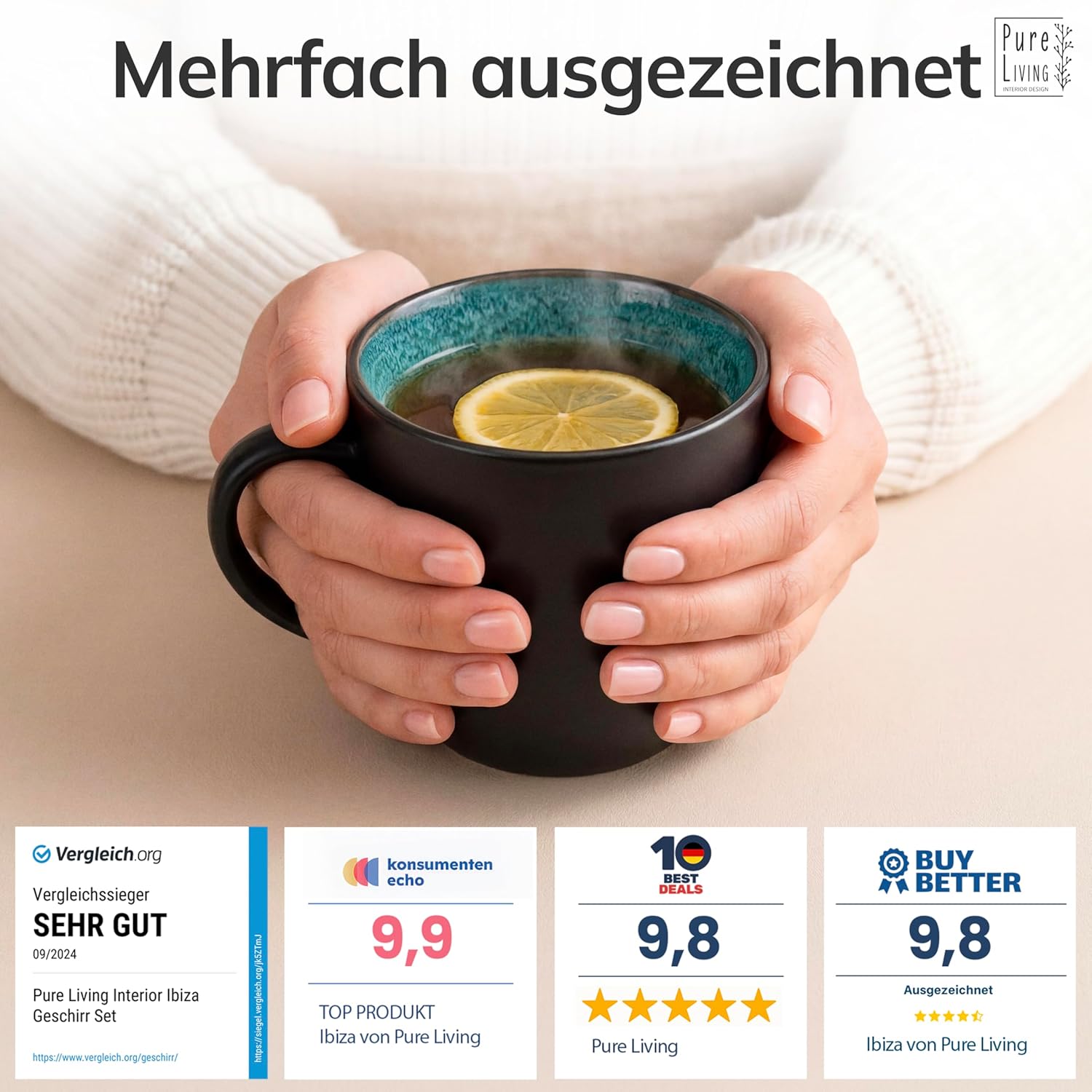 Detalle de Steingut Kaffeetassen Ibiza 6er Set – Petrol & Matt Schwarz, TESTSIEGER, Pure Living