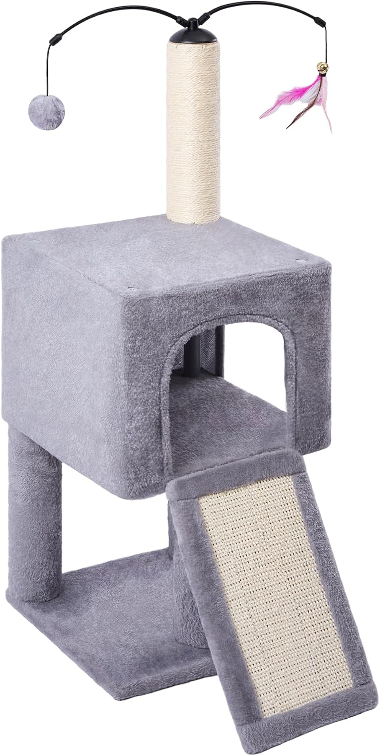 Detalle 2 de Roypet 123 Cat Tree, 32-Inch Gray Condo with Sisal Post, Ramp and Toys