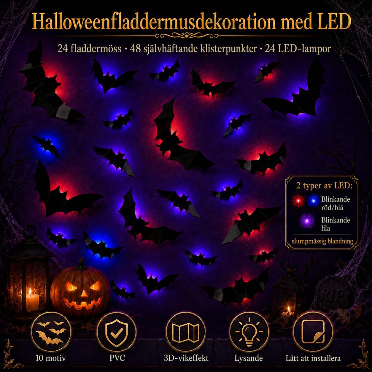 Detalle 2 de ShadowRealmTech 0025 Halloween-dekoration med 24 lysande 3D-fladdermöss