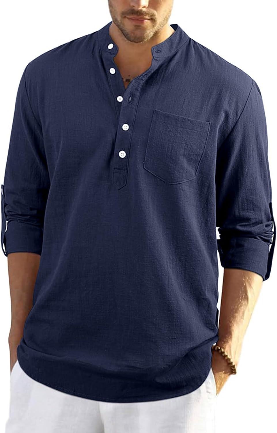 Detalle 2 de YAOBAOLE chemise en lin pour homme à col Henley et manches longues