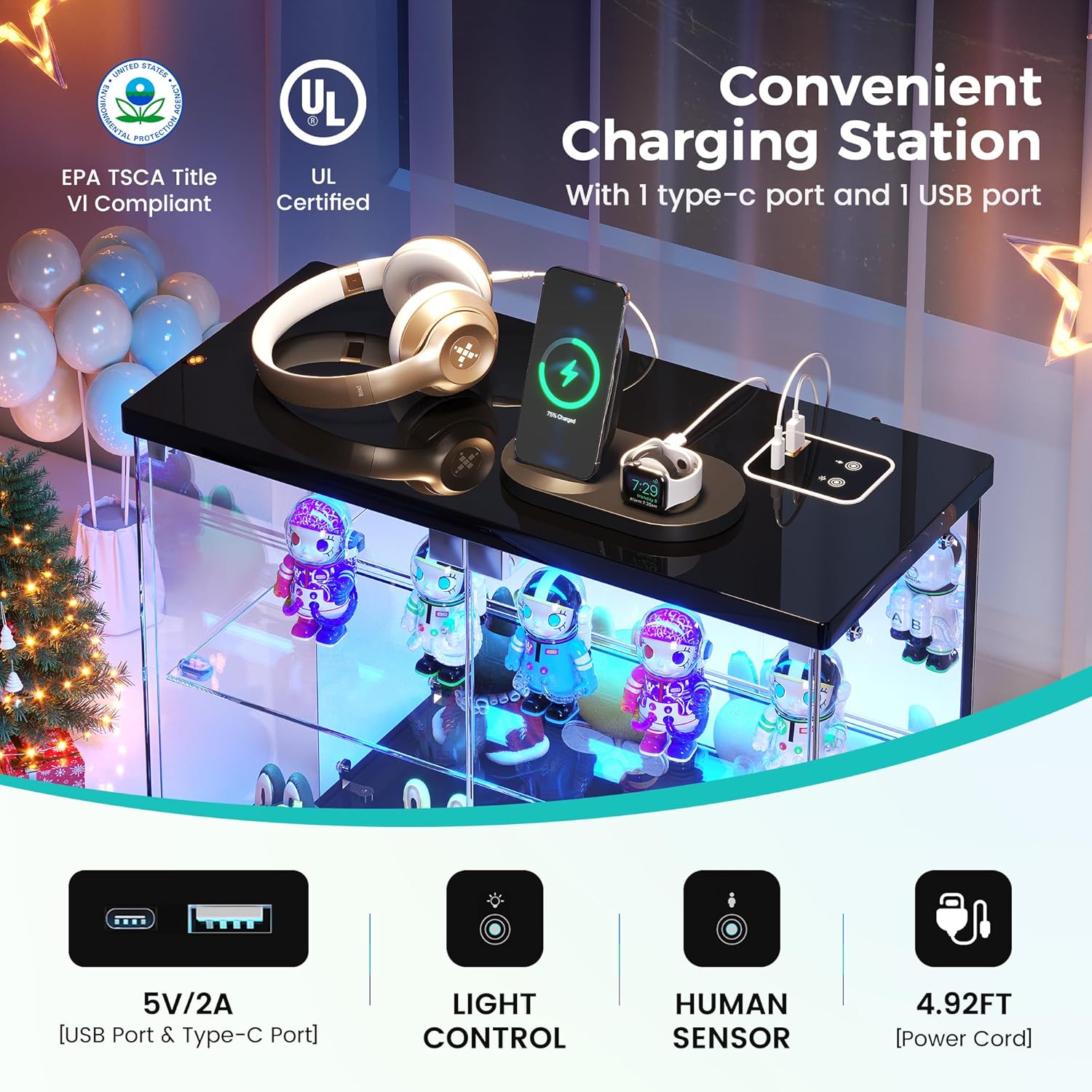 Detalle de Dystler Glass Display Case with LED Lights, Motion Sensor, and USB-C Charger (Small 2-Tier)