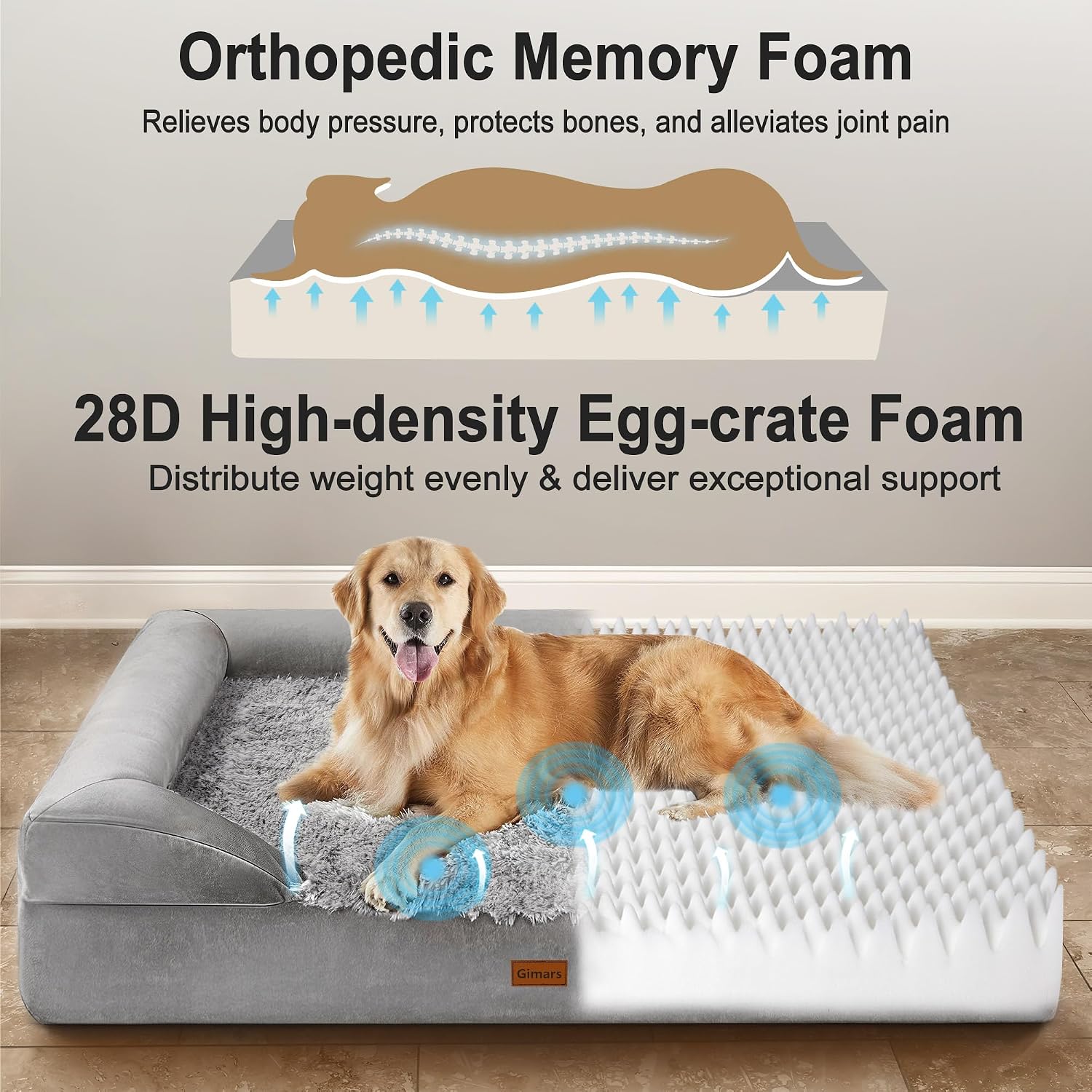 Detalle de Gimars lit orthopédique épais XL pour chiens très grands et seniors — soutien par mousse alvéolée 28D