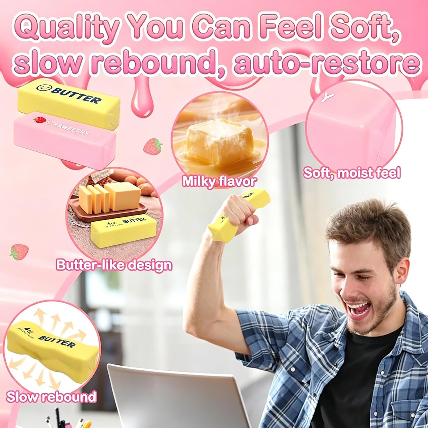 Detalle de MUVZKQIAN 2 Pcs Butter Squishy Toy – Cute Butter Strawberry Squishy Style, 50g Each, TPR, Stress Relief for Desk and Travel