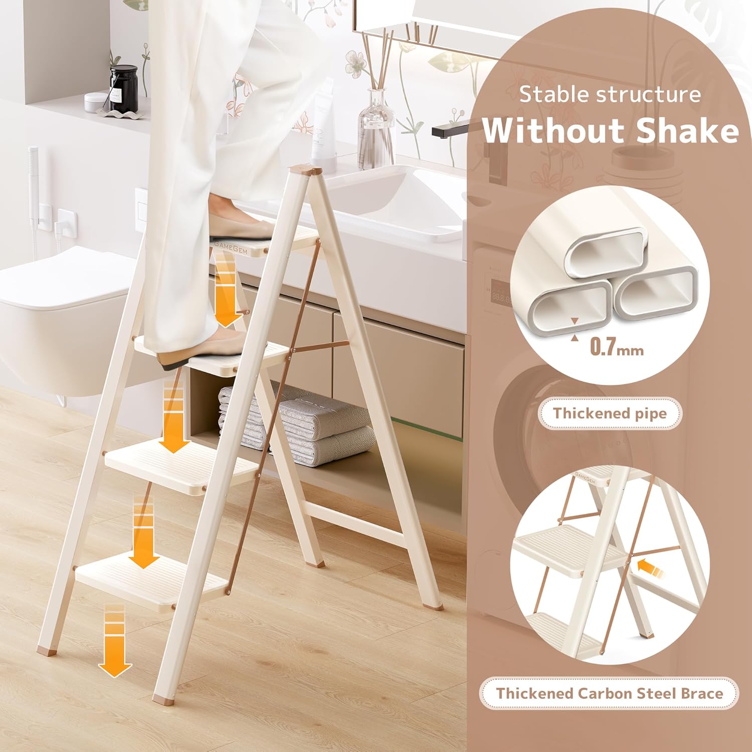 Detalle de GameGem 4 Step Ladder: a sturdy, stylish folding step stool for everyday reaching needs
