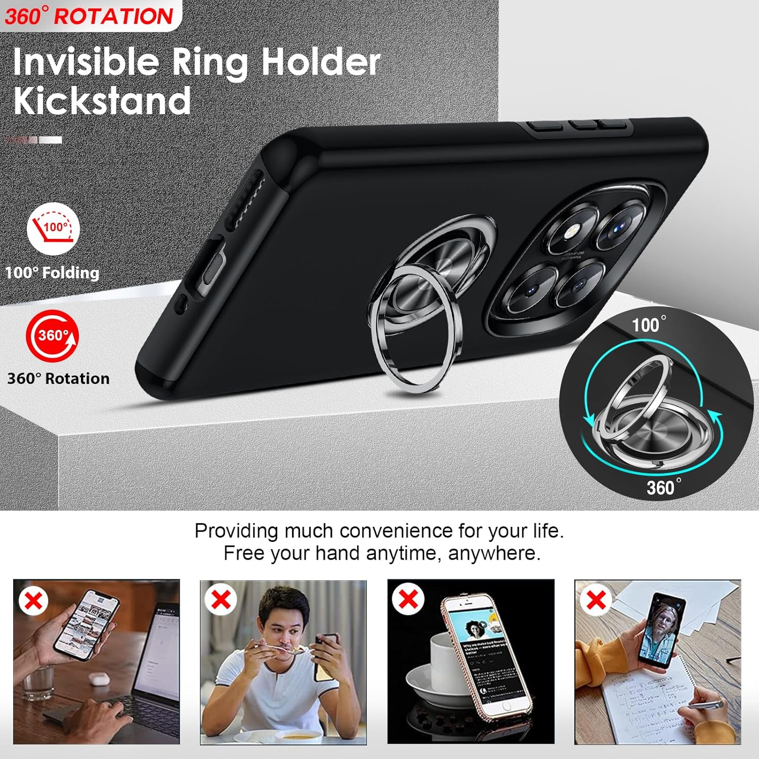 Detalle 2 de LeYi Coque pour Xiaomi Redmi Note 14 Pro 5G / 4G + Note 14 Pro Plus 5G – Étui TPU avec Anneau Invisible, Protection Antichoc et Finition Noire