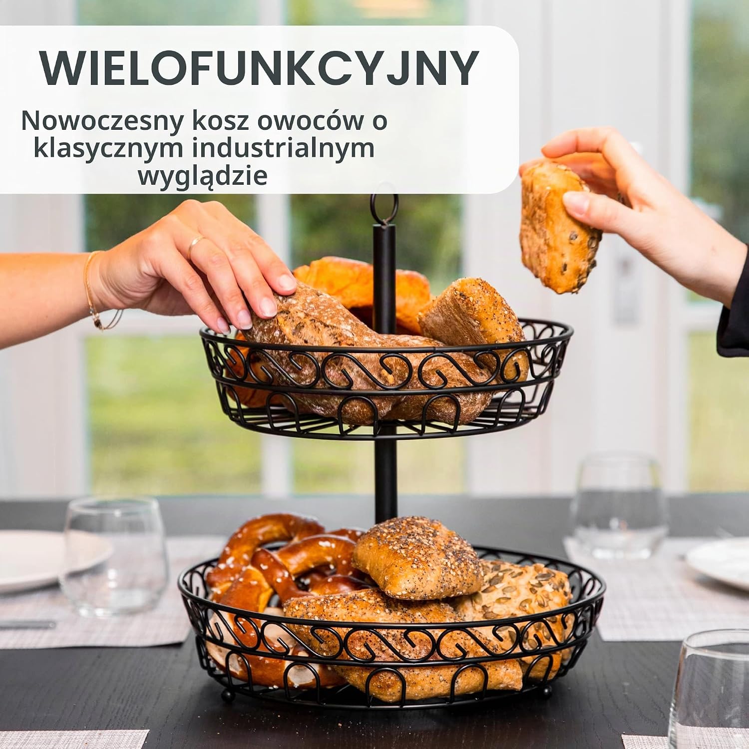 Detalle de Chefarone CHEF000025 – dwupoziomowy metalowy kosz na owoce, czarny, 25 i 30 cm