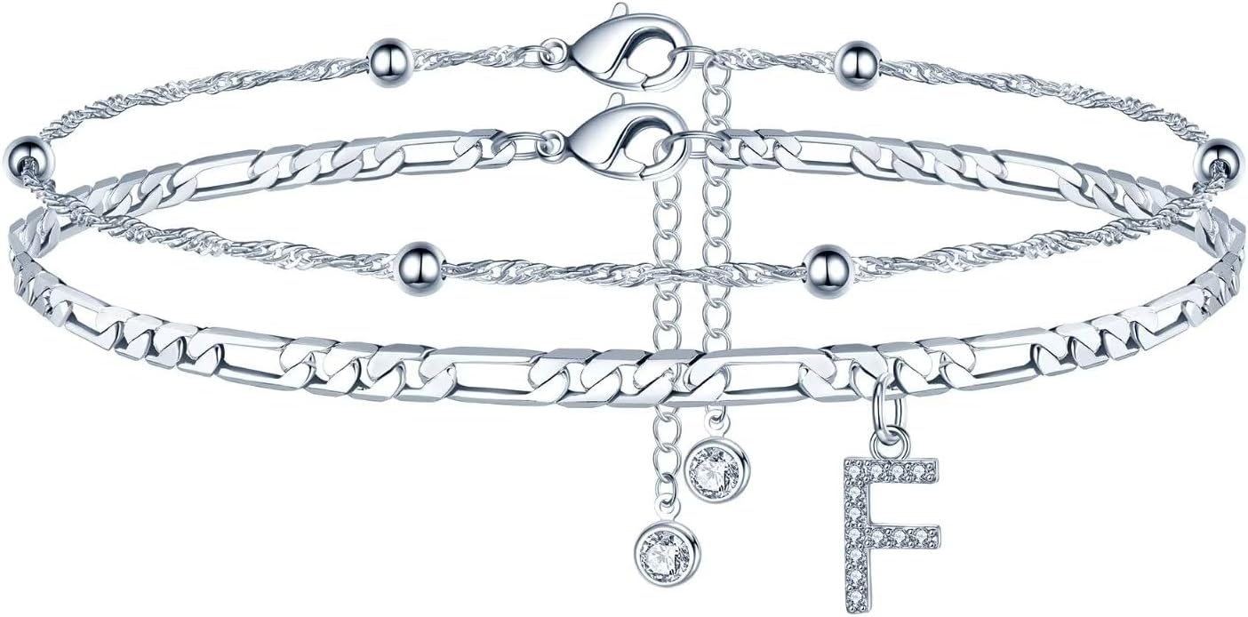 Detalle de TINGN Chaîne de cheville pour femme – argent plaqué or 14 carats, lettres A à Z, double chaîne réglable