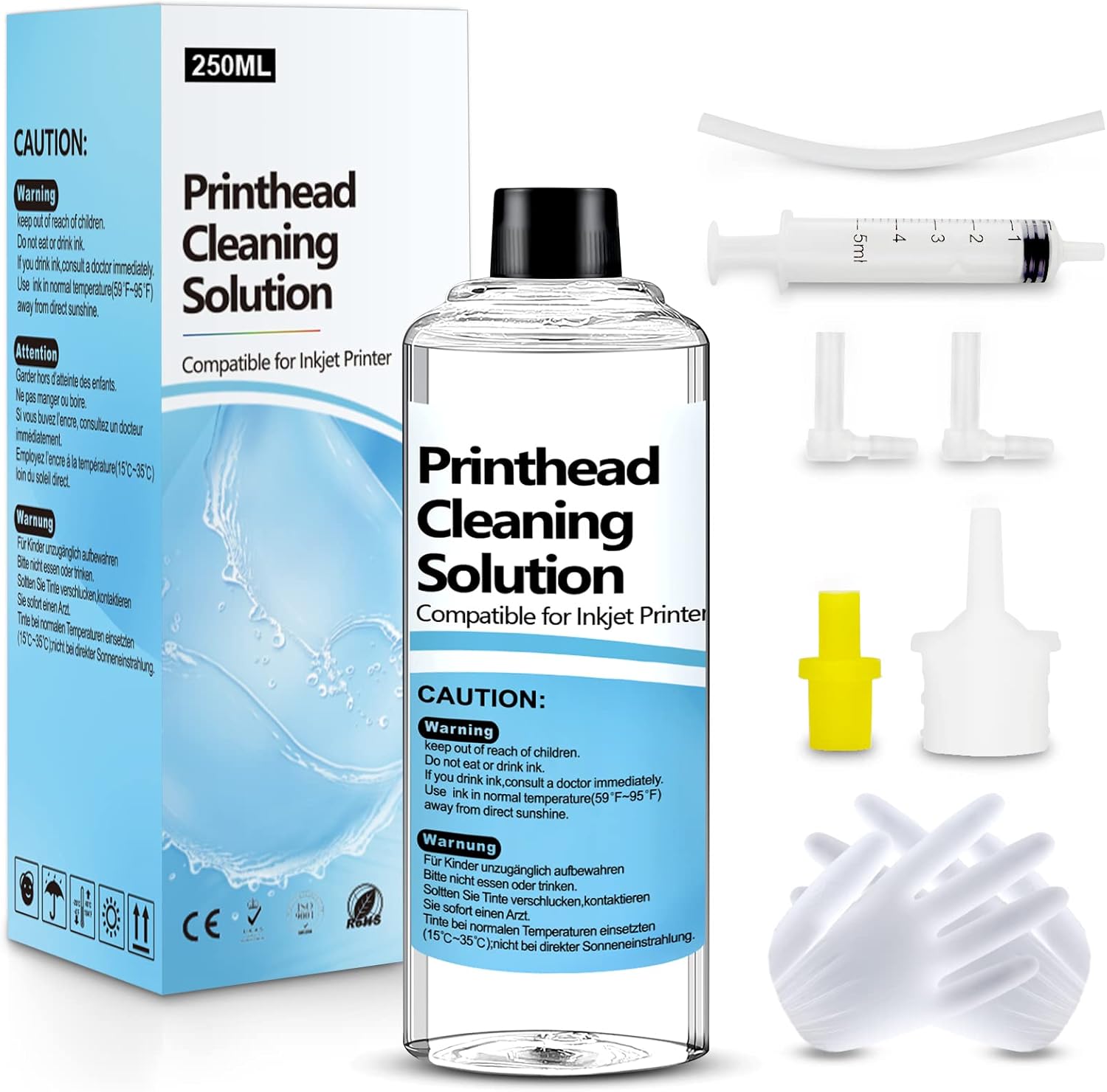 250-ml Druckkopfreiniger Set (für Epson, Canon, Brother, HP & mehr) mit Spritze, Silikonschlauch und Handschuhen