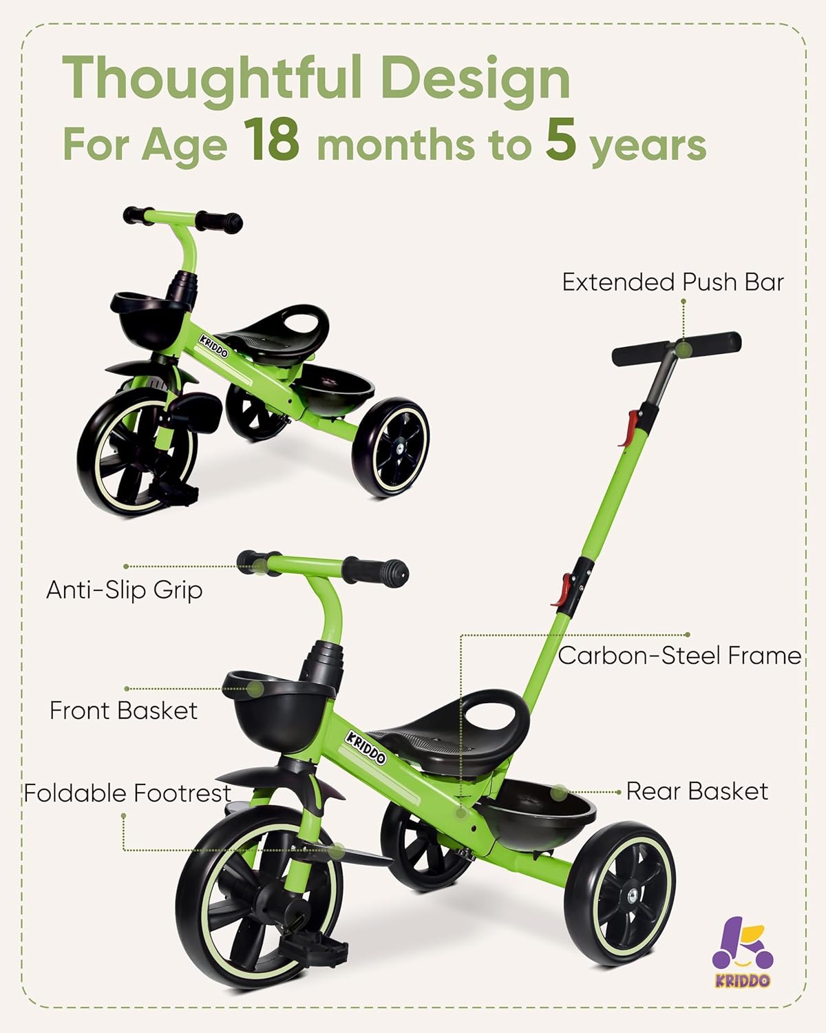 Detalle 1 de KRIDDO 2-in-1 Toddler Tricycle for 18 Months to 5 Years