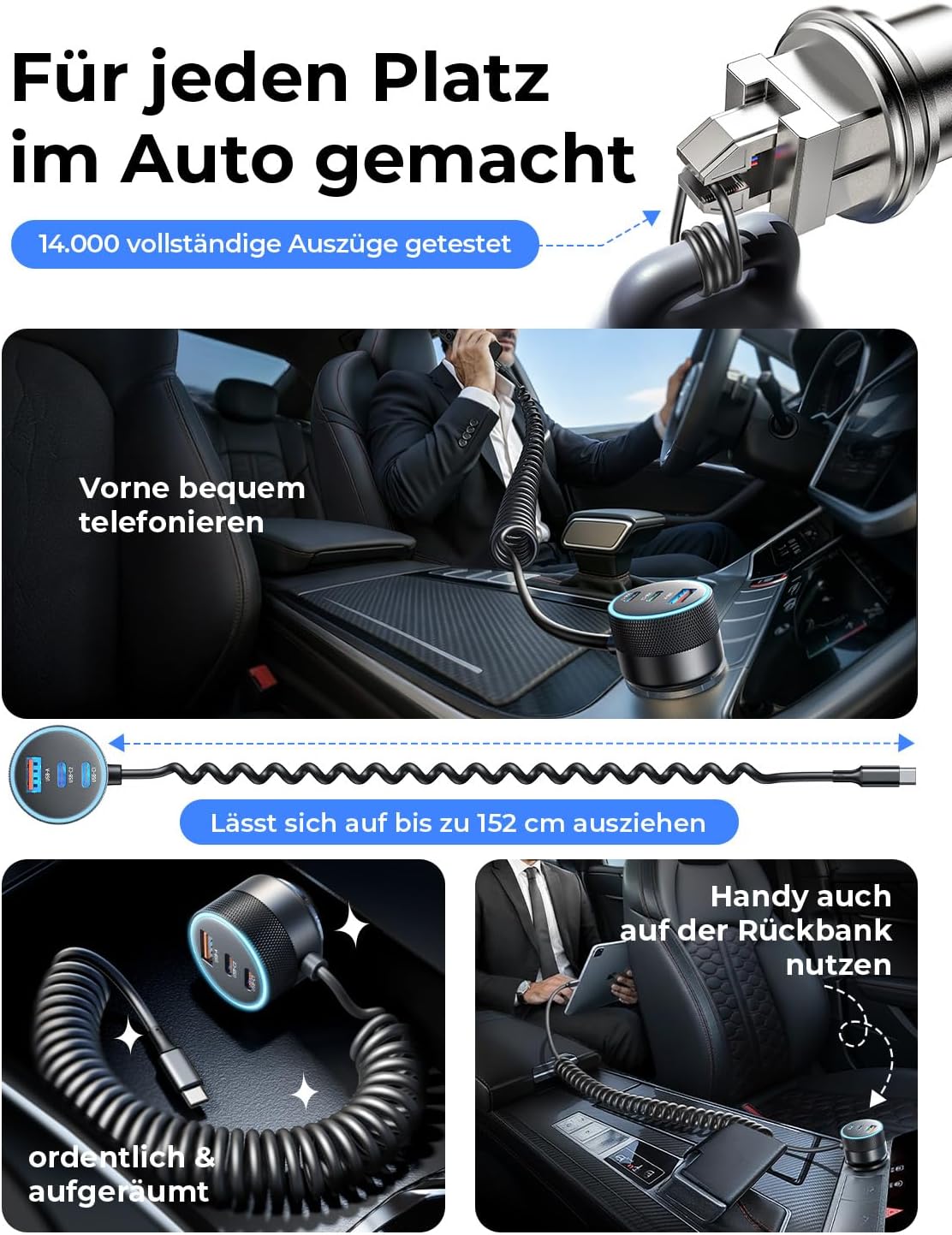 Detalle de LISEN 90W USB-C Auto-Ladegerät Zigarettenanzünder mit 45W Spiralkabel – 4 Ports, sicher und ordentlich