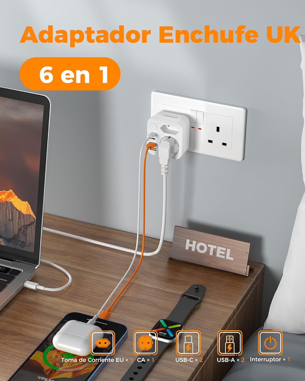 Detalle de TESSAN Adaptador Enchufe UK con 2 USB C 3250W