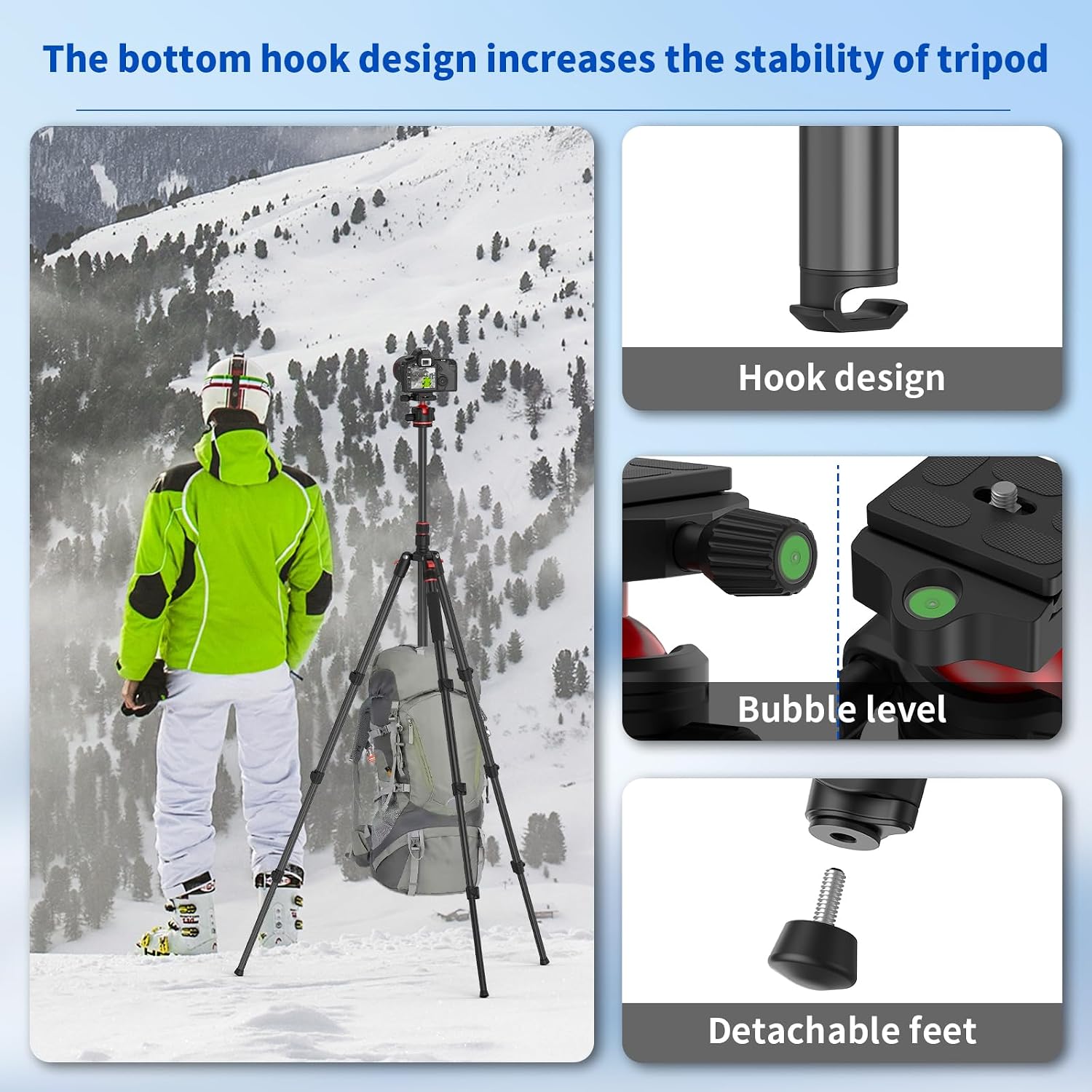 Detalle de XXZU 74” Camera Tripod (Aluminium) with 360° Ball Head, Quick Release Plate, Phone Holder – Tripod/Monopod