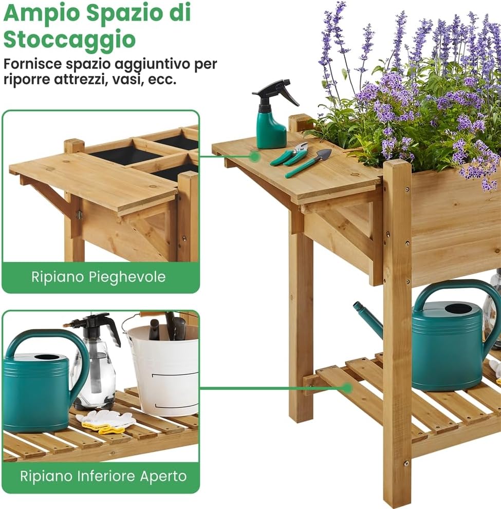Thumbnail 3 de Yaheetech Fioriera rialzata in legno FSC per balcone e giardino con griglie e ripiano pieghevole 123,5 x 54 x 80 cm