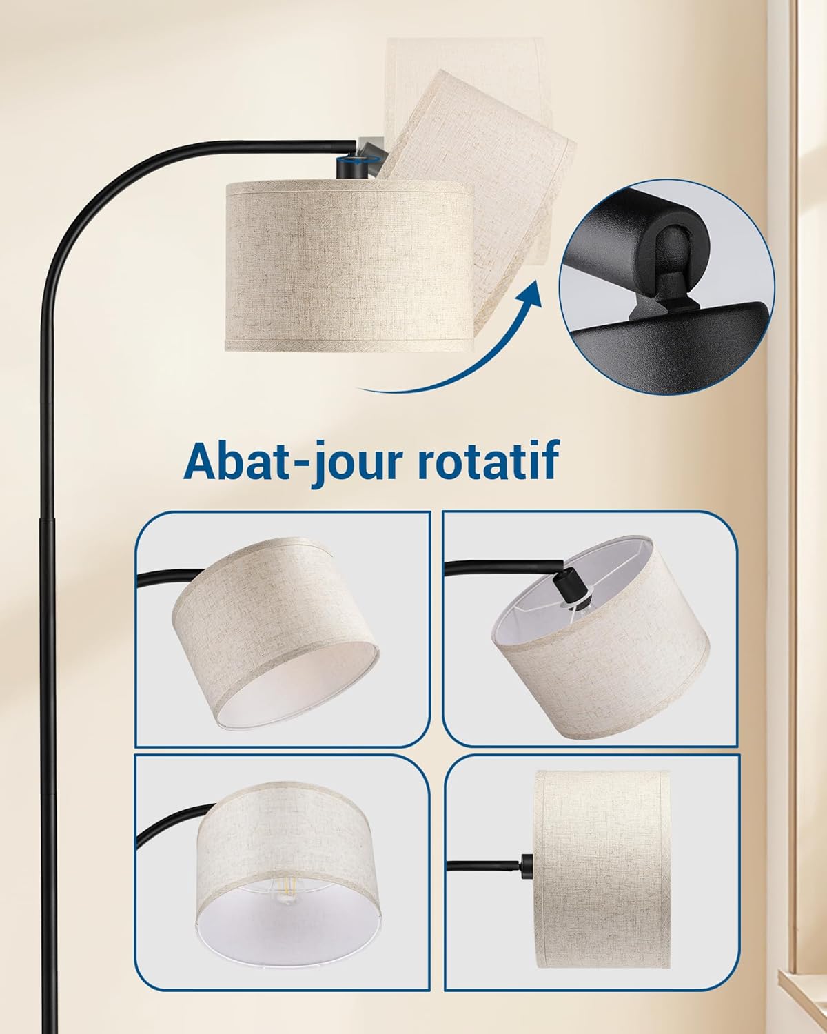 Thumbnail 1 de EDISHINE Stehlampe fürs Wohnzimmer: 161 cm Bogenlampe mit verstellbarem Kopf & Fußschalter (E27, Schwarz)