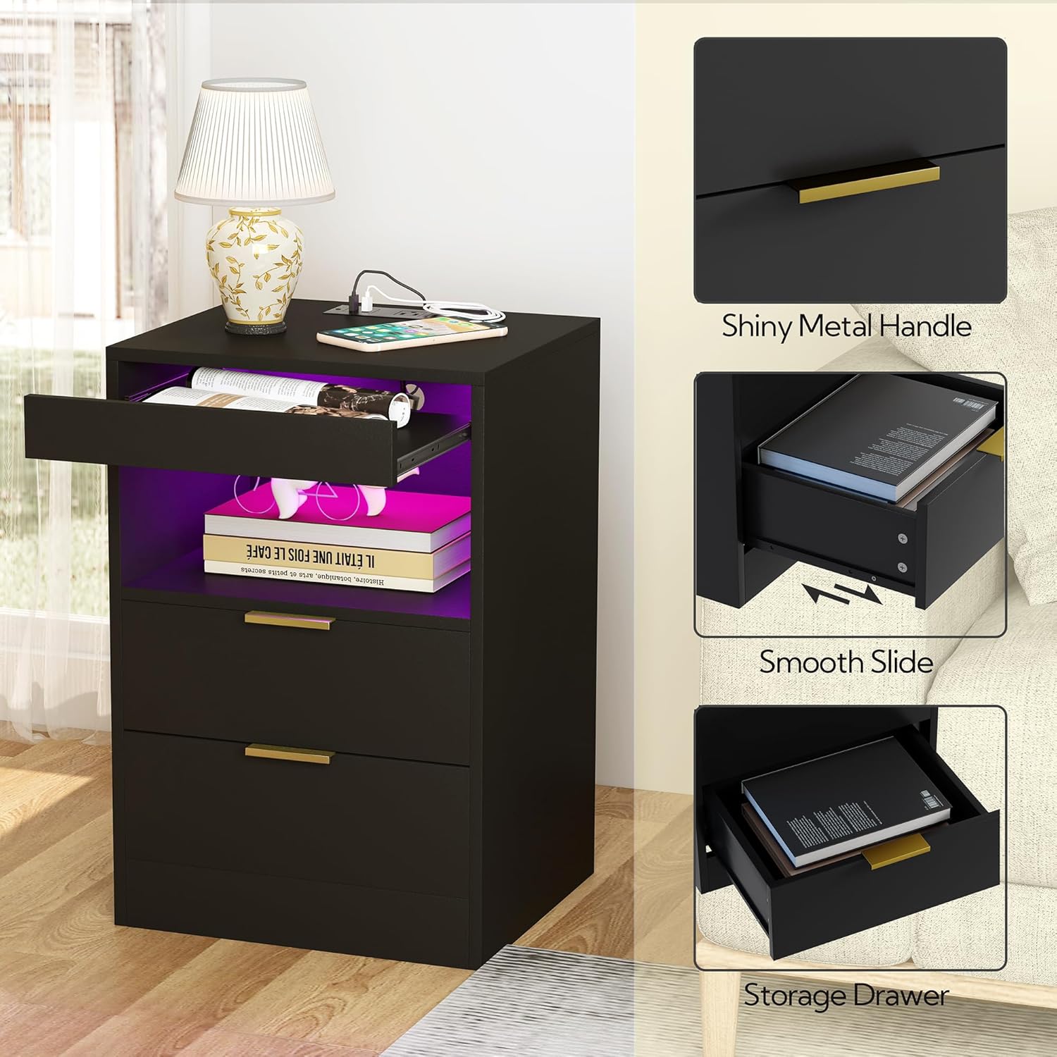 Detalle de Yusong LED Nightstand with Charging Station, 2 Drawers and RGB Lights