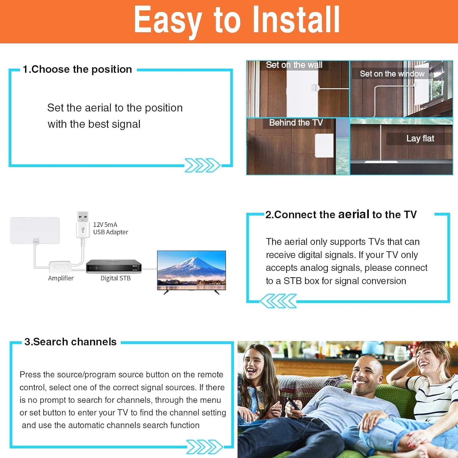 Thumbnail 5 de Amazqi TV Aerial Indoor 250+ Miles Long Range (Freeview, 4K) with Signal Booster and 5m Cable – White
