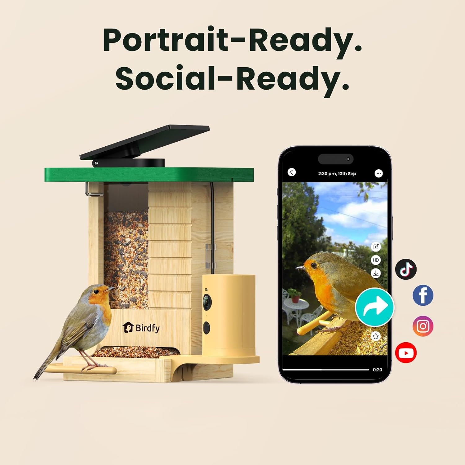 Detalle 1 de Birdfy Smartes Vogelfutterhaus mit Kamera (1080P, Solar, KI-Erkennung für 6.000+ Vogelarten) im Hochformat