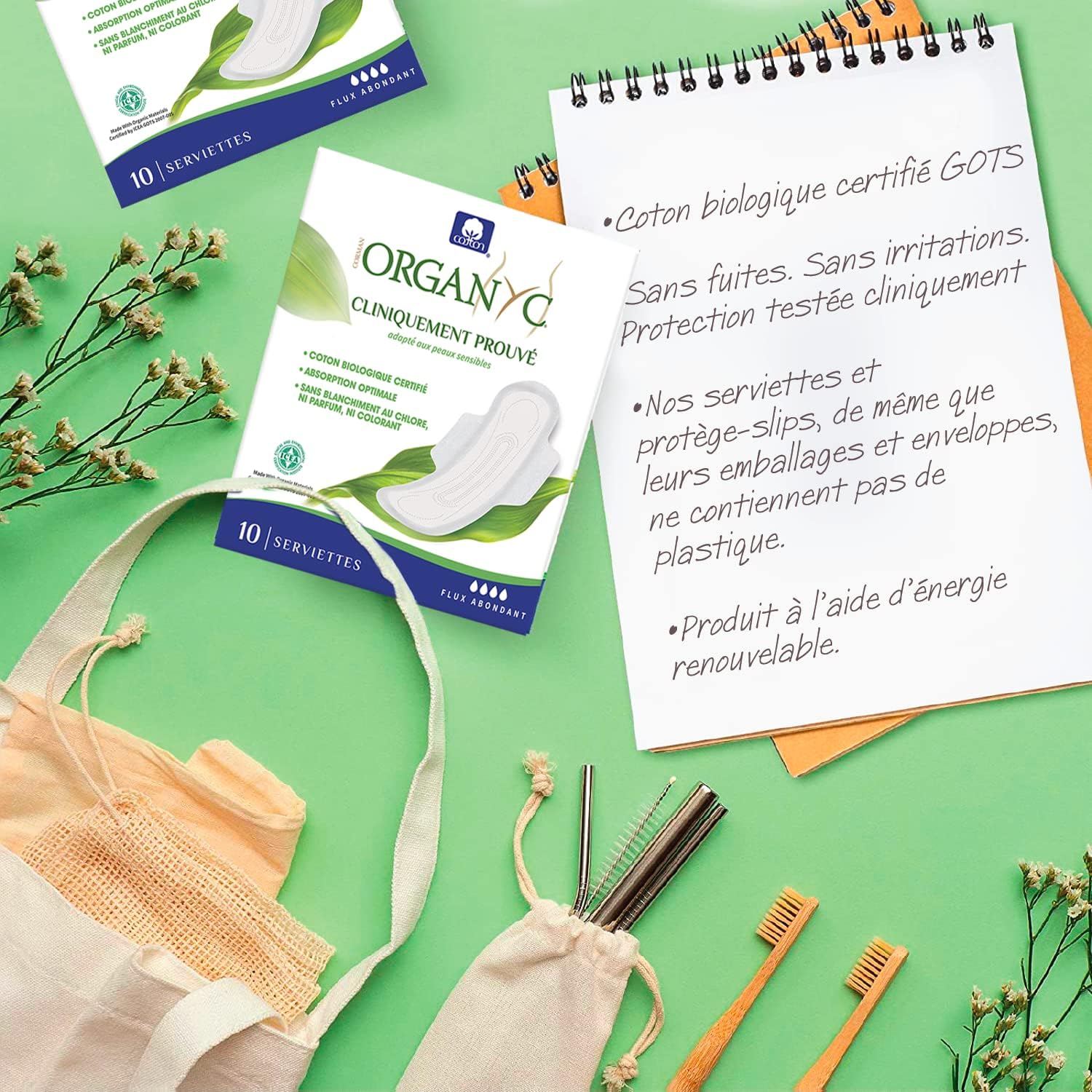 Detalle 2 de Organyc Serviettes Hygieniques Nuit avec Ailettes 100% Coton Bio Certifié — 40 unités