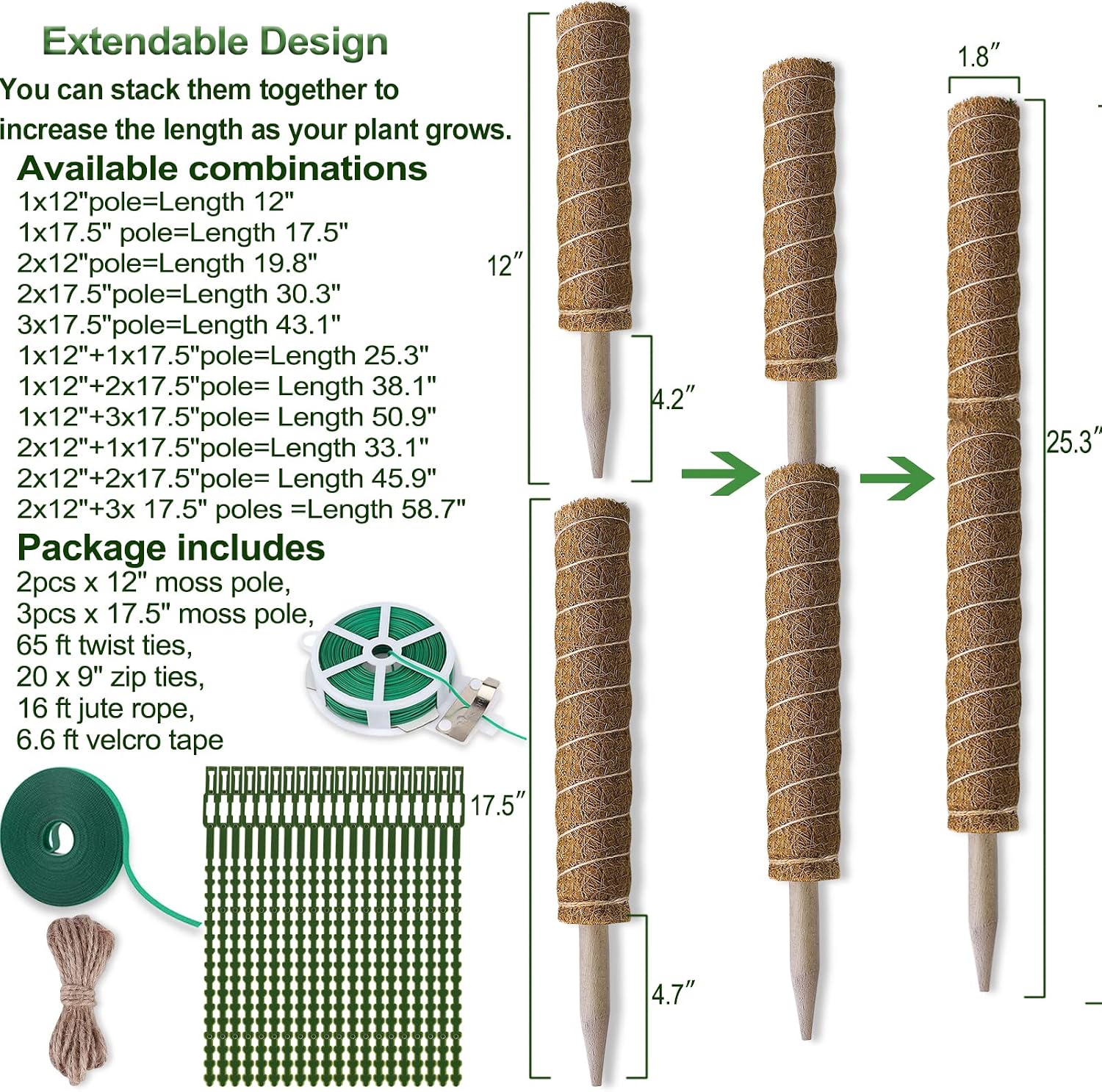 Detalle de Fabulas Moss Pole 58.7-Inch Coir Plant Support Set, 5-Pack with PVC Core
