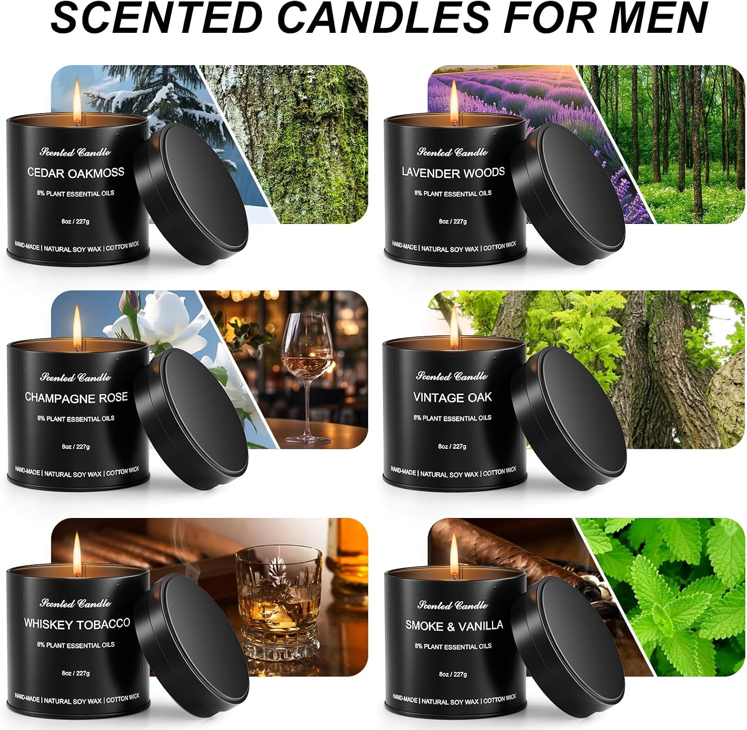 Detalle de 6-Pack Scented Candles for Men – Whiskey Tobacco & More in a Premium Gift Box