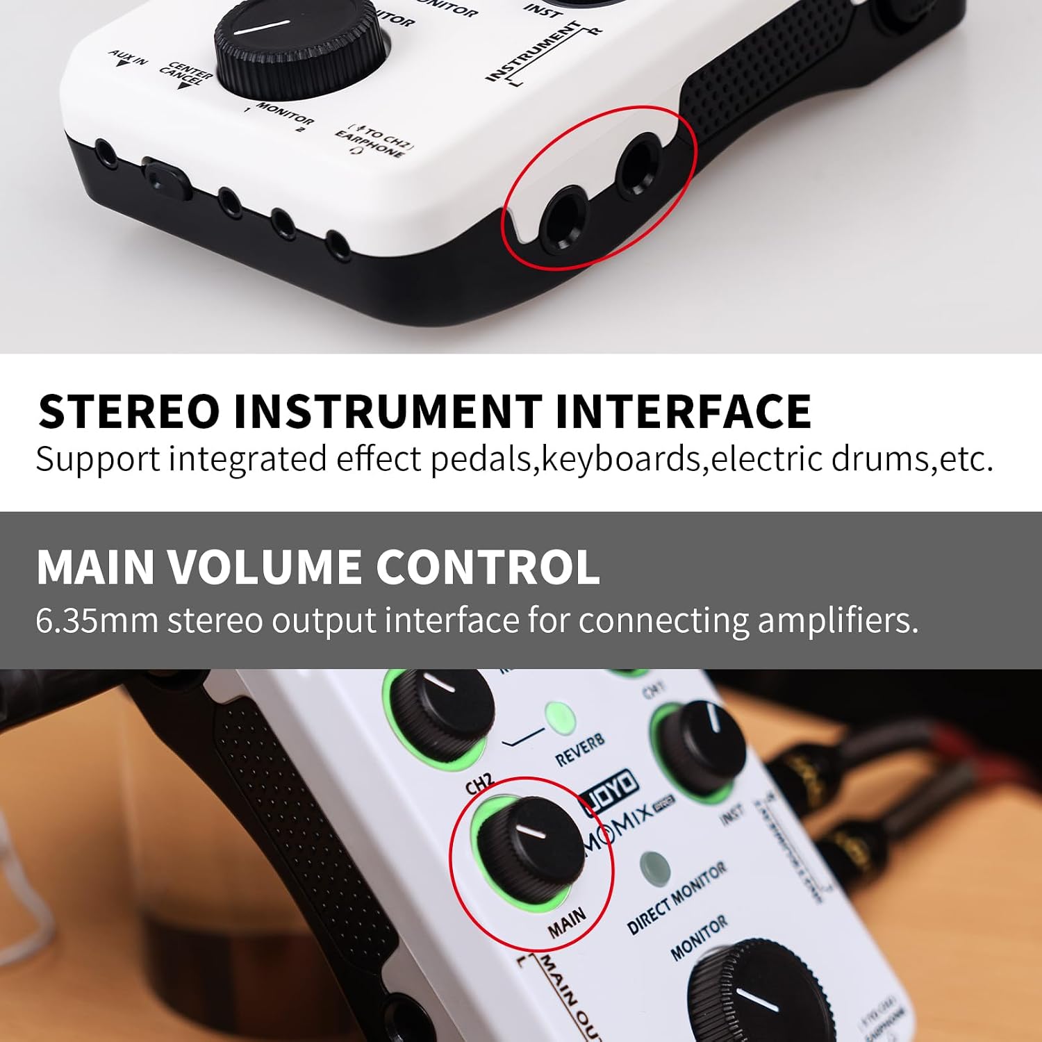 Detalle 2 de JOYO MOMIX-Pro Portable Audio Mixer with 48V Phantom Power and Dual OTG
