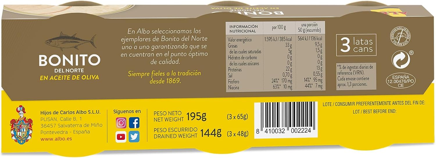Detalle de Albo Bonito del Norte en Aceite de Oliva 3x65g 🐟