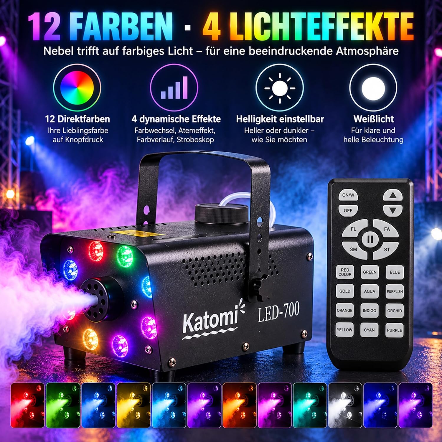 Detalle de Katomi Nebelmaschine 500W mit 8 RGB LEDs – Mini-Fogmaschine mit 3 m Kabel-Fußschalter & Funkfernbedienungen