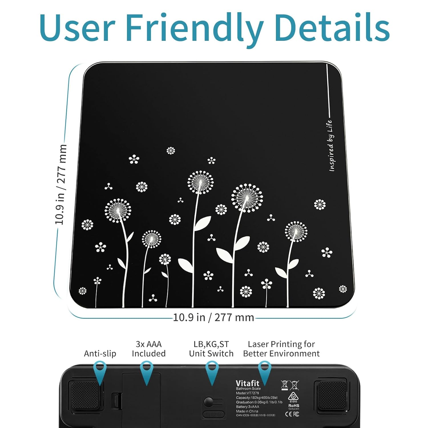 Thumbnail 5 de Vitafit Weighing Scales Body Weight with 0.1lb precision, Step-On LED, 28st/400lb (White)