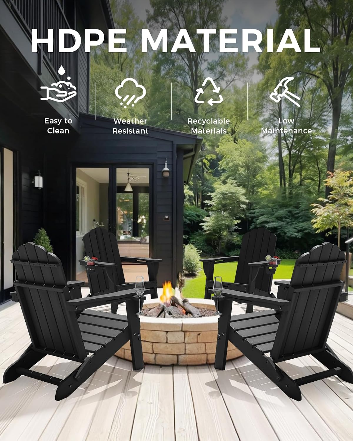 Thumbnail 5 de Eesdom Folding Adirondack Chairs, Set of 4, Black with 2 Cup Holders