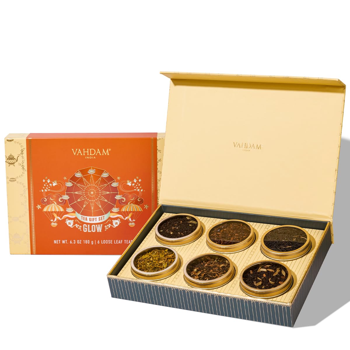 Detalle de VAHDAM GLOW Tee-Geschenkset mit 6 Tees in der Geschenkbox