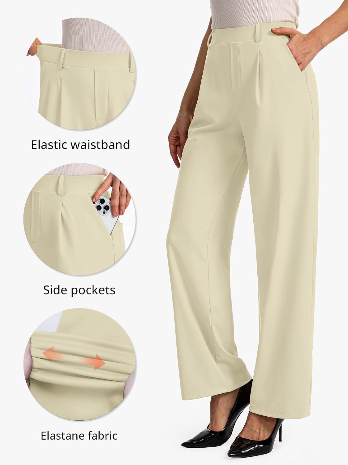 Detalle de Feiersi Wide-Leg Pull-On Work Pants, Stretchy High Waist with Pockets