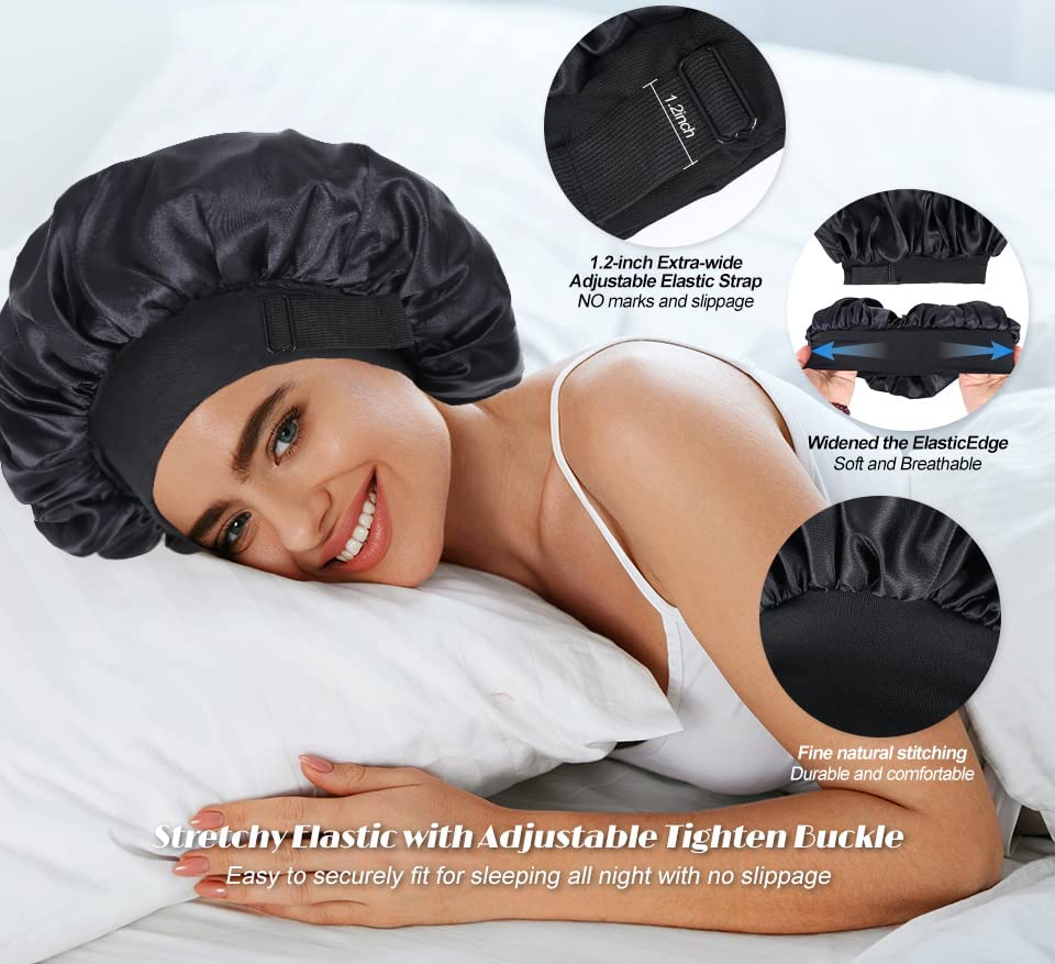 Detalle 1 de XRACEPHOL Double-Layer Satin Sleep Bonnet, Adjustable and Reversible, Black and Purple