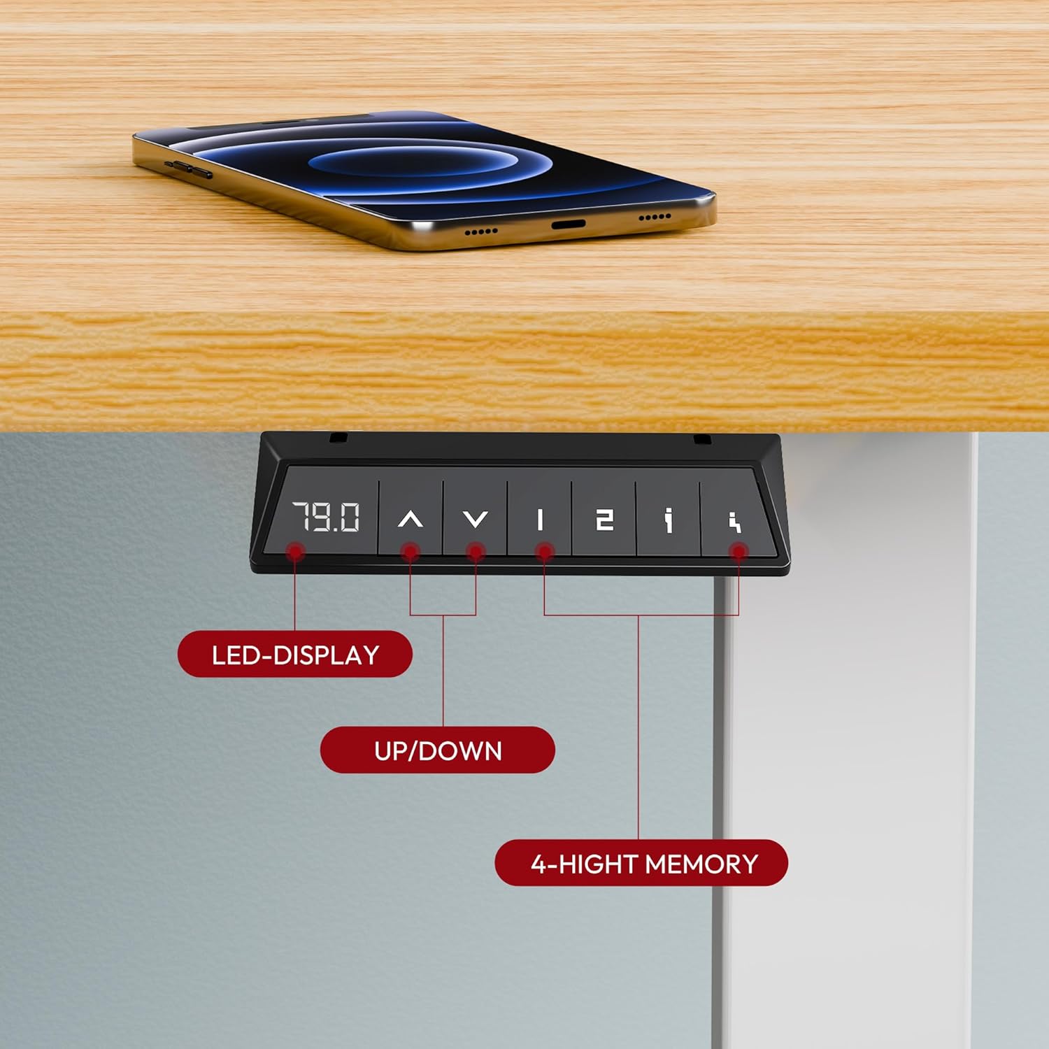 Detalle de SANODESK Q1 Bureau Assis Debout 180 x 80 cm – Plateau FSC, Réglable Électrique, 4 Mémoire, Monobloc