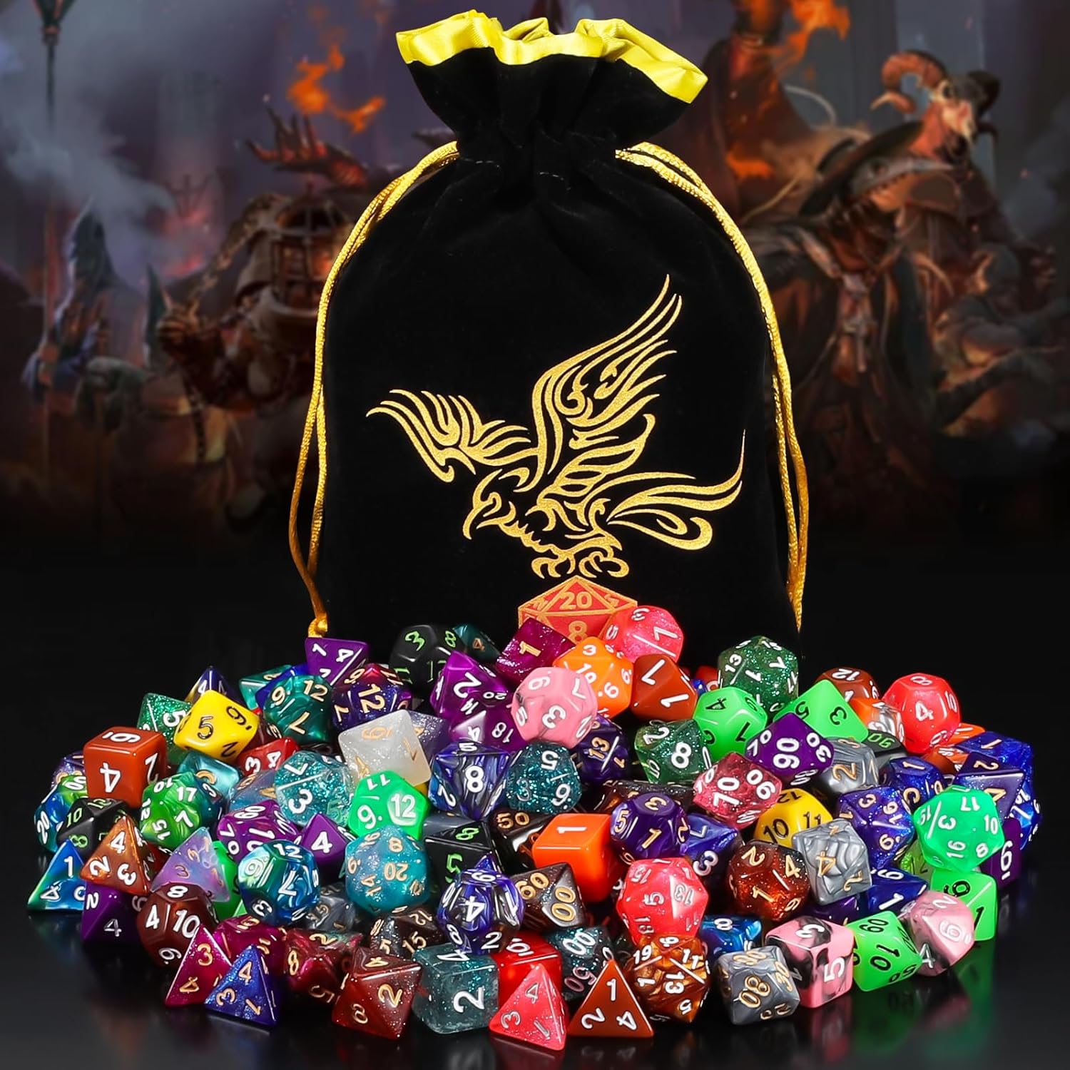 Detalle de QMay 30 Sets Polyhedral Dice – 210 Pieces with a Large Drawstring Bag