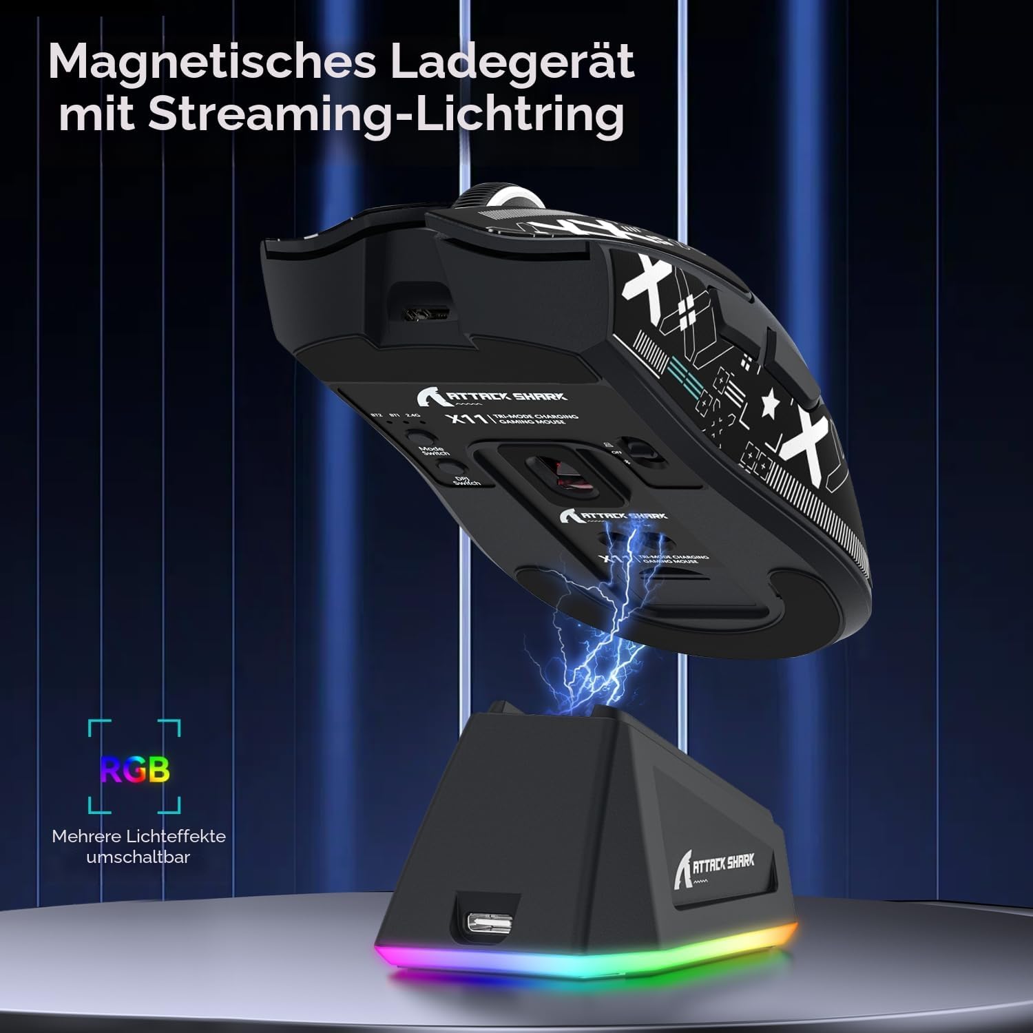 Detalle 2 de ATTACK SHARK X11 Gaming-Maus mit magnetischer Ladestation (PixArt PAW3311), 22.000 DPI, 3 Modi