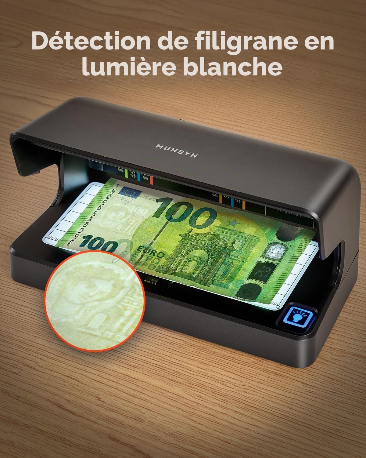 Detalle de MUNBYN IMC26 draagbare bankbiljetdetector met UV- en wit licht, USB-C