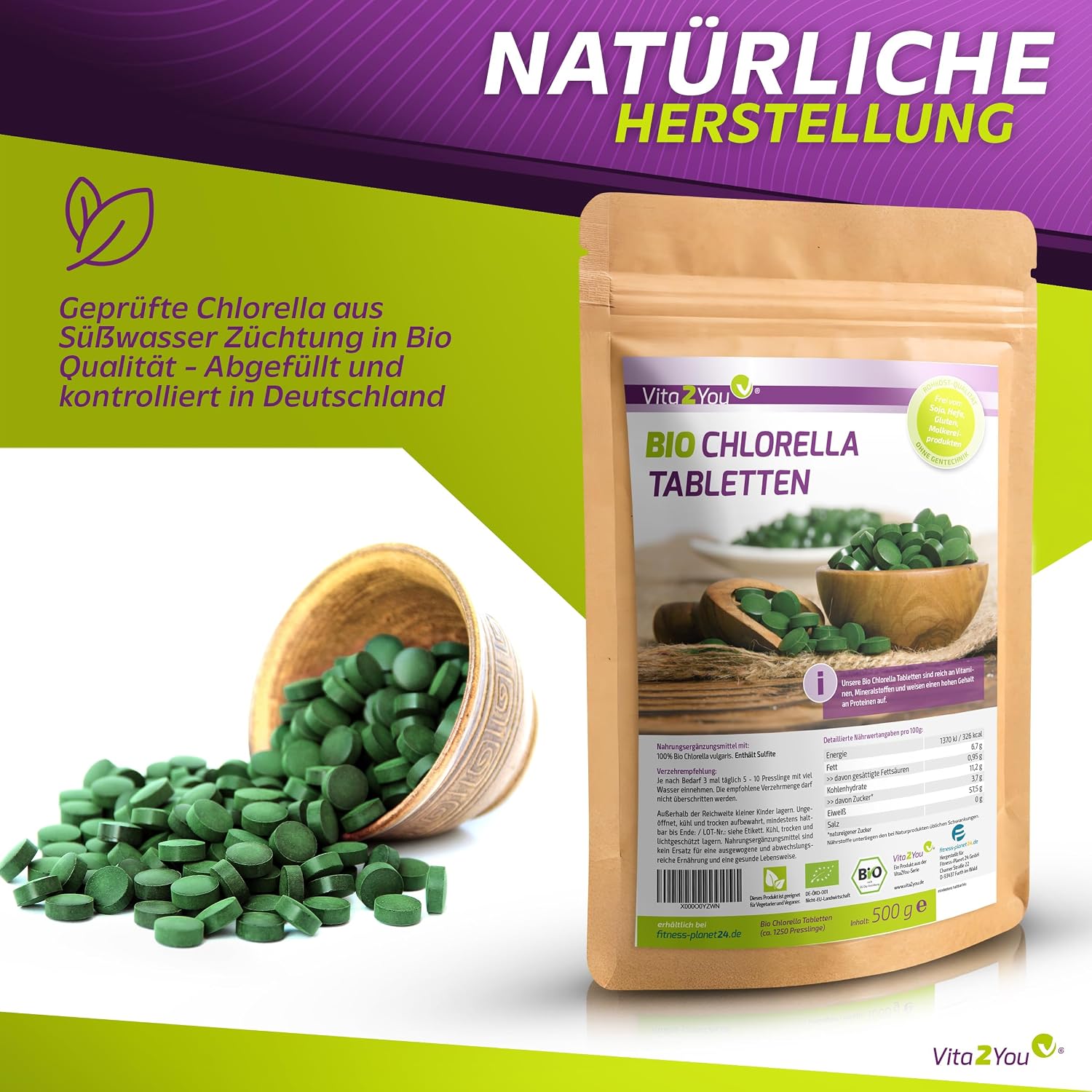 Detalle 1 de Vita2You Bio Chlorella Tabletten 500 g 💊