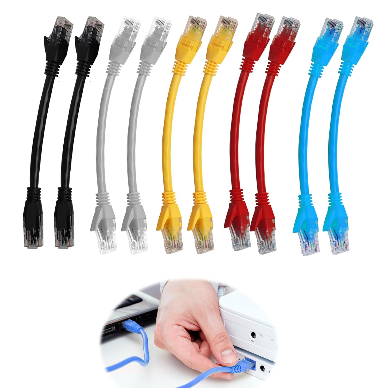 Detalle de FunWorth Short Cat6 Ethernet Cable (15cm) – 10 Pack RJ45 Patch Leads, Colour Coded for 1Gbps Network Setups