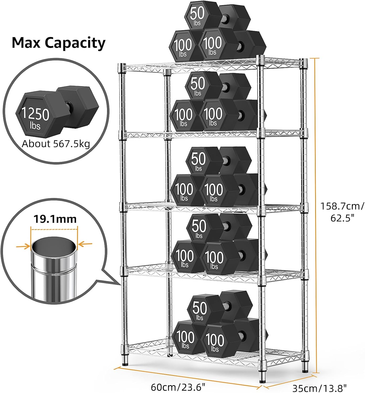 Detalle de M MZG E3560160OH501LB-AUU 5-Tier Steel Shelving Unit, Chrome, Adjustable