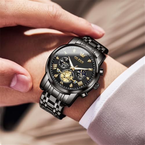 Detalle de OLEVS Armbanduhr Herren – Klassisch Schwarz Edelstahl 42 mm, Multifunktionsuhr, 3 Bar Wasserdicht