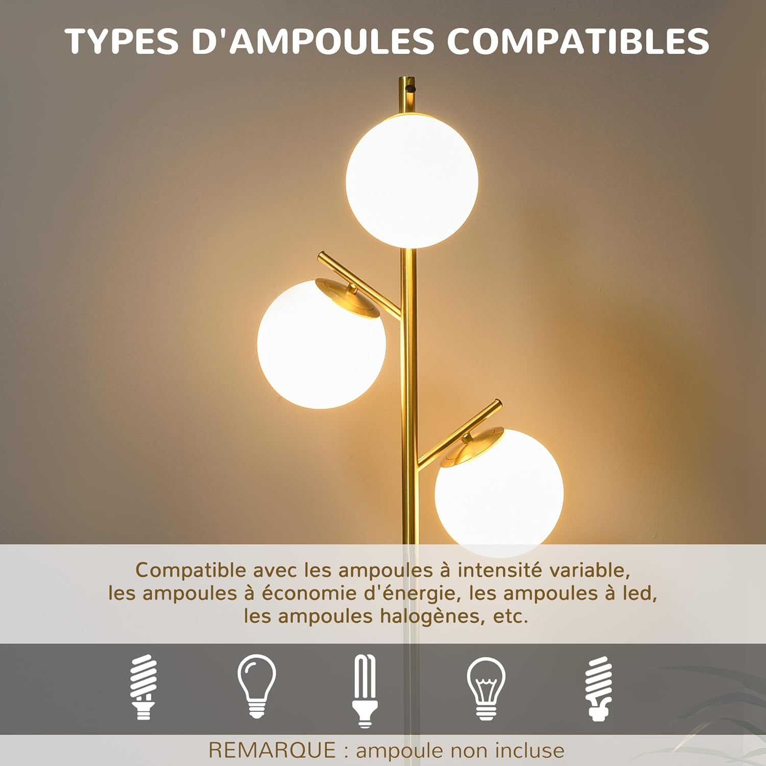 Thumbnail 4 de HOMCOM Lampadaire sur pied design art déco doré avec 3 globes en verre dépoli Ø 27 x 169 cm
