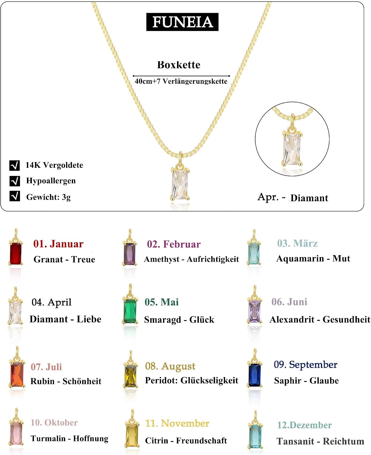 Detalle de FUNEIA Geburtsstein-Kette für Damen: 14K vergoldete Halskette mit Zirkonia-Anhänger