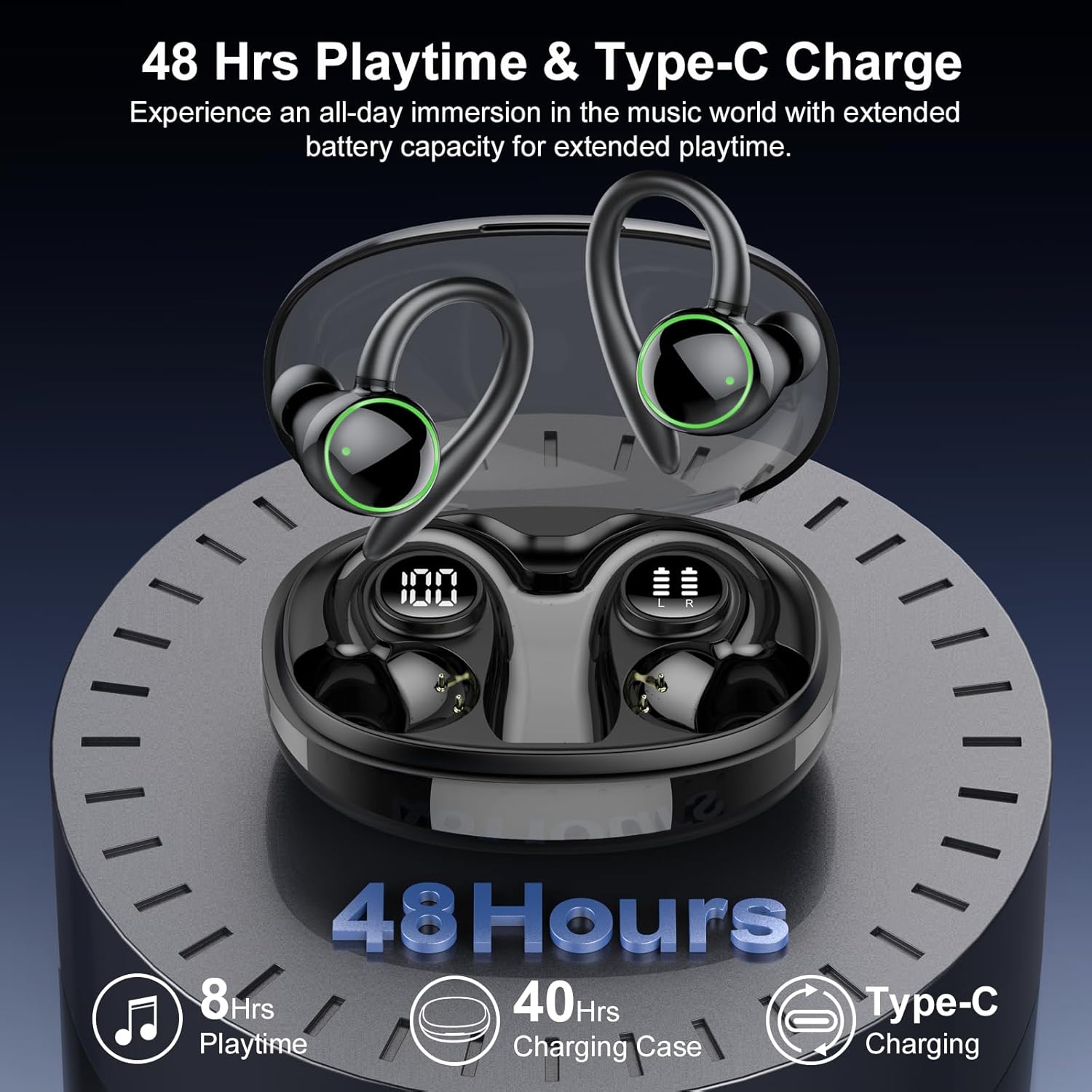 Thumbnail 3 de Wireless Earbuds Bluetooth 5.4 Sport Headphones with ENC Mic, 48H Battery, Earhooks, IP7 Waterproof (Black)