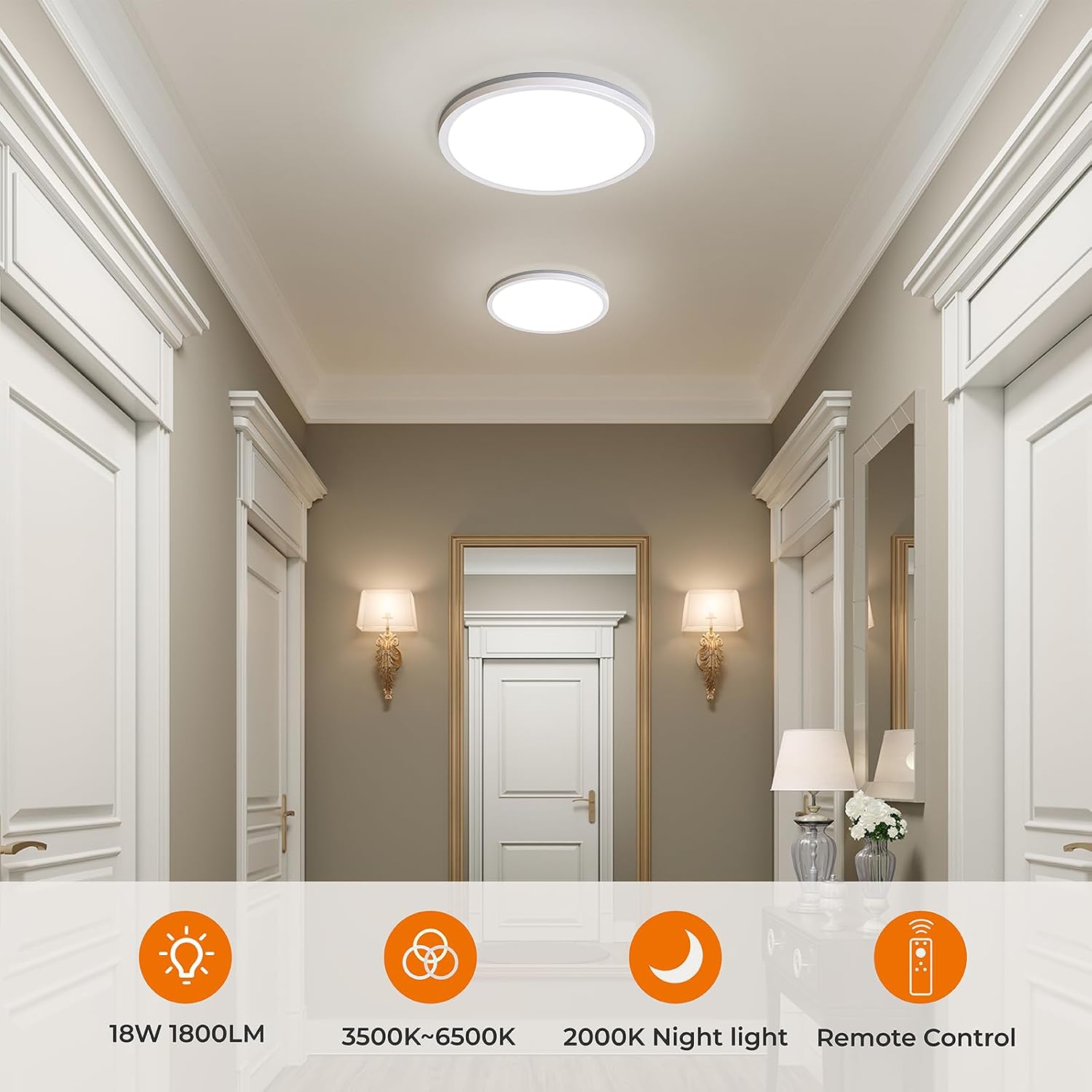 Detalle 2 de Matane LED Deckenleuchte 2er-Set mit Fernbedienung, dimmbar 18W Hauptlicht, 5W Nachtlicht, 3000–6500K, 22 cm Ø, Warmweiß bis Kaltweiß