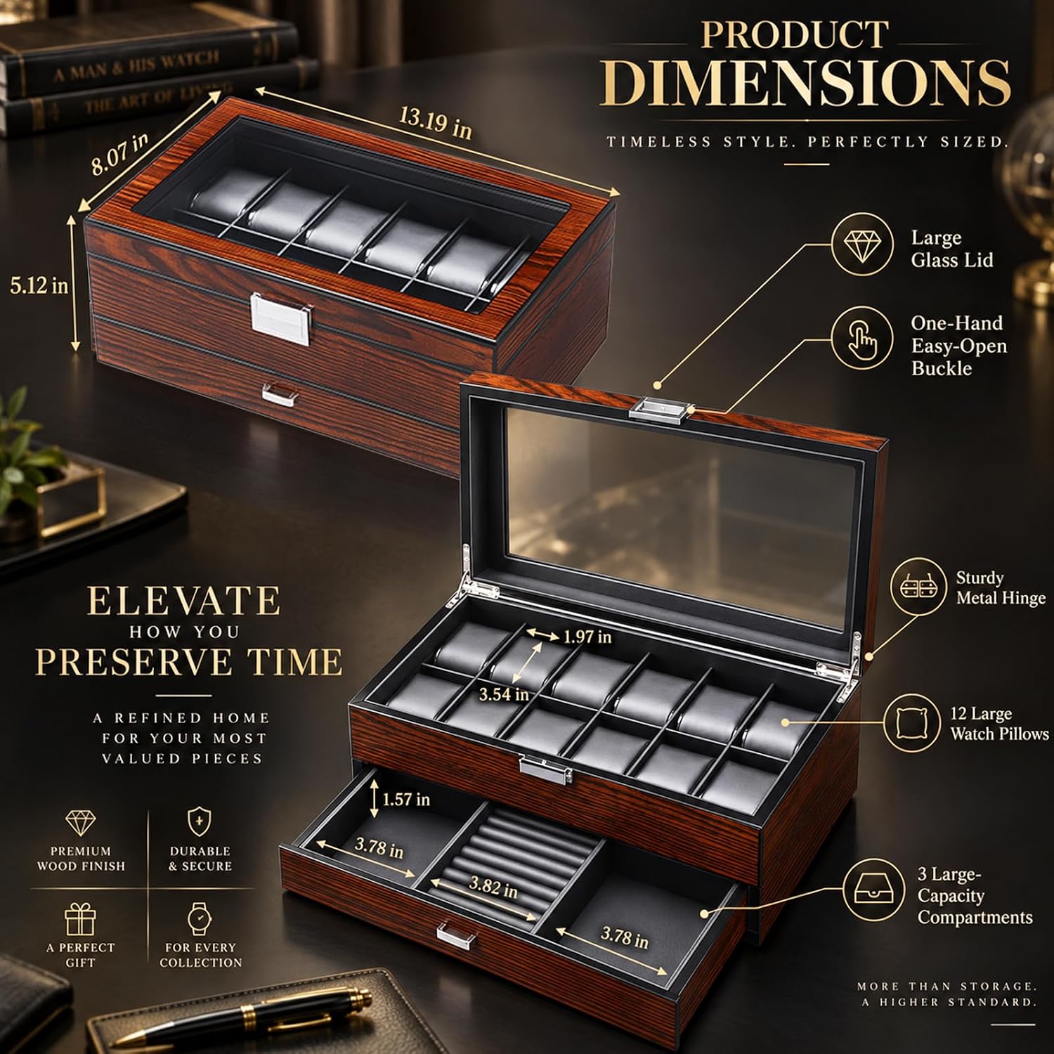 Detalle de BEWISHOME High-End Watch Box 12-Slot – Wooden Case with Large Glass Lid