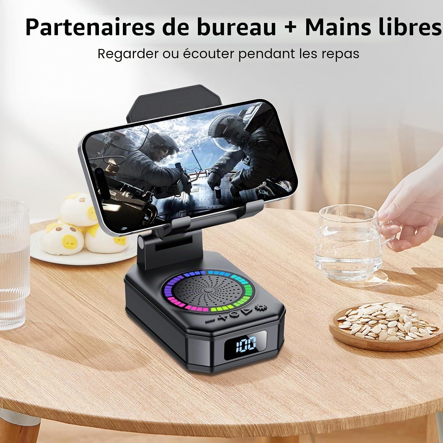 Detalle de Cadeau Homme : Enceinte Bluetooth 4-en-1 avec support, recharge et lumière RGB — idée Fête des Pères