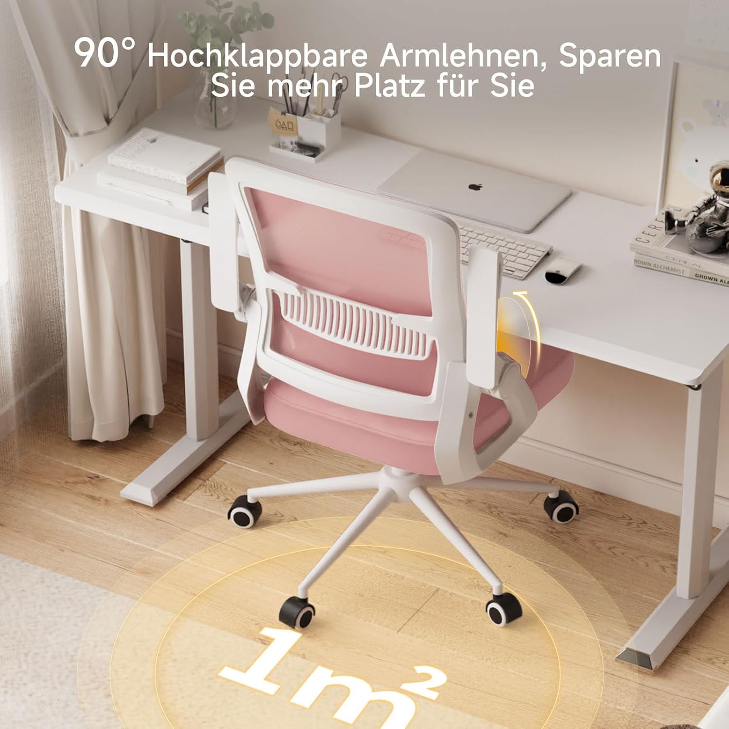 Detalle de nas paluro Bürostuhl Ergonomisch mit Hochklappbaren Armlehnen Rosa – Netzrücken, Lordosenstütze und verstellbare Höhe