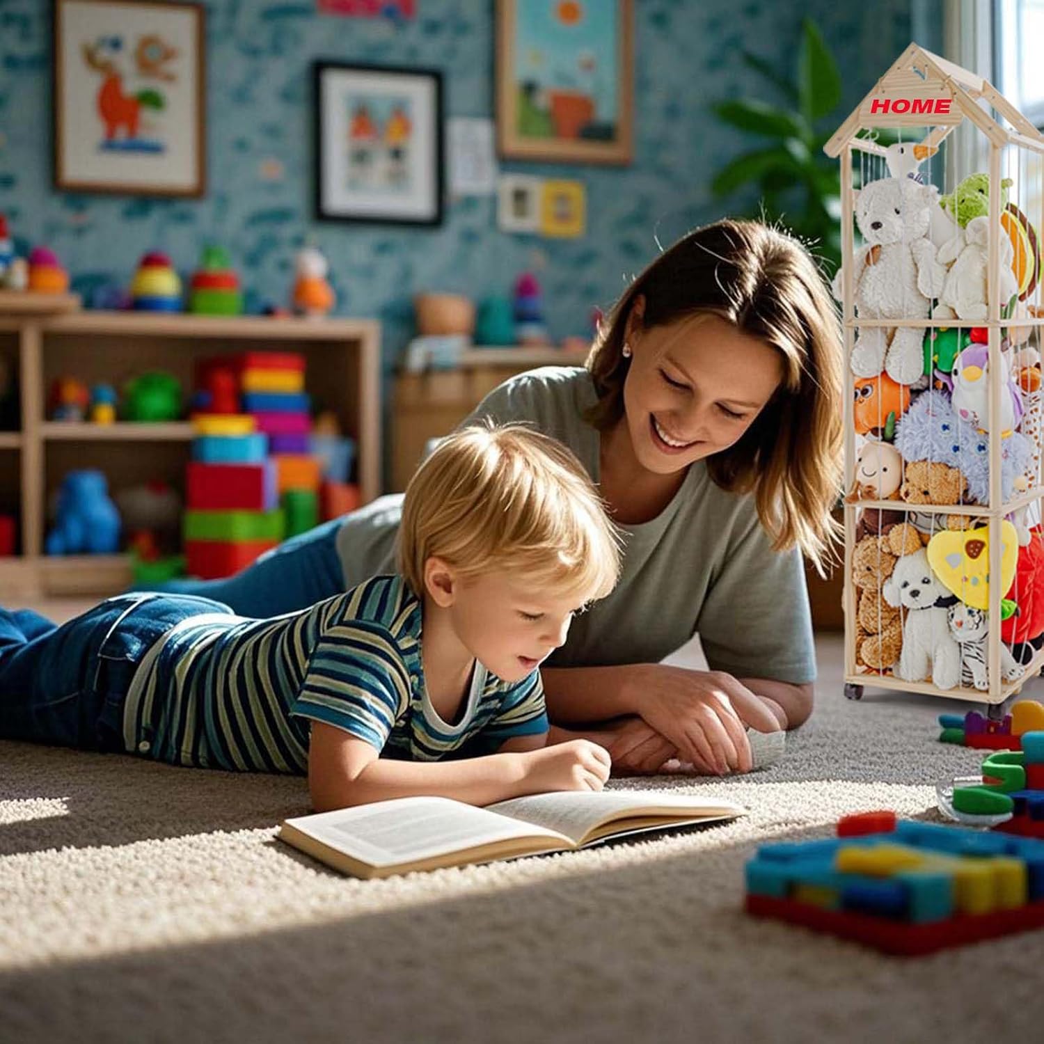Detalle de Holz Kuscheltier Aufbewahrung mit 360°-Bremse-Rädern (150 x 40 x 40 cm) – Plüschtiere Regal für Kinderzimmer